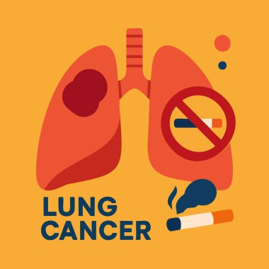 Tümör, doktor, sigara ve farkındalık kurdeleli akciğerlerin düz tıbbi çizimi. Sağlık kampanyaları, tarama, eğitim ve sigara içilmemesi için ideal.