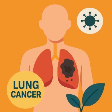 Tümör, doktor, sigara ve farkındalık kurdeleli akciğerlerin düz tıbbi çizimi. Sağlık kampanyaları, tarama, eğitim ve sigara içilmemesi için ideal.