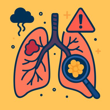 Tümör, doktor, sigara ve farkındalık kurdeleli akciğerlerin düz tıbbi çizimi. Sağlık kampanyaları, tarama, eğitim ve sigara içilmemesi için ideal.