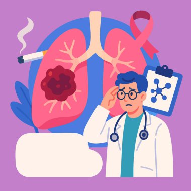 Tümör, doktor, sigara ve farkındalık kurdeleli akciğerlerin düz tıbbi çizimi. Sağlık kampanyaları, tarama, eğitim ve sigara içilmemesi için ideal.