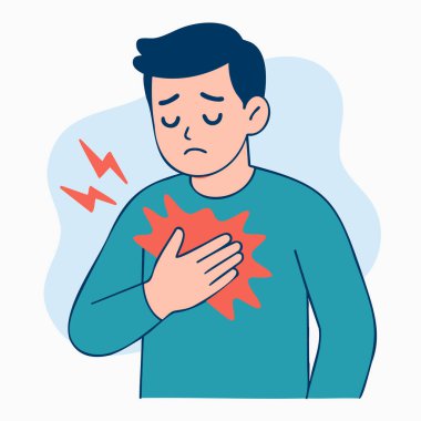 Göğsünü acı ikonları, kalp ve EKG ile tutan bir adamın düz vektörü. Kardiyoloji eğitimi, acil uyarı işaretleri, ilk yardım ve sağlık kampanyaları için ideal.