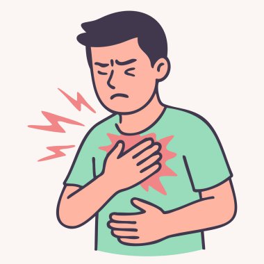 Göğsünü acı ikonları, kalp ve EKG ile tutan bir adamın düz vektörü. Kardiyoloji eğitimi, acil uyarı işaretleri, ilk yardım ve sağlık kampanyaları için ideal.