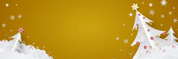 Karácsonyi Üdvözlőlap Háttér Design Karácsonyfa Hópelyhek Arany Háttér Szín — Stock Vector