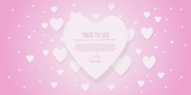 Pembe temalı kalp şekli kenarı beyaz arka planda gerçekçi kağıt kalp ile sevgililer günü, kadınlar, anneler günü davetiye grafik tasarımı için.