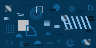 Memphis Özgeçmişi. Minimum geometrik arkaplan. Turuncu çizgileri olan dinamik mavi şekiller. Soyut arka plan modern hipster fütüristik grafik. Vektör soyut arkaplan dokusu tasarımı