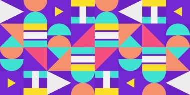 Köşede ve beyaz alanda renkli Memphis tarzı desenler. İş dünyası veya kurumsal sunum için modern geometrik arka plan. Vektör illüstrasyonu