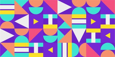 Köşede ve beyaz alanda renkli Memphis tarzı desenler. İş dünyası veya kurumsal sunum için modern geometrik arka plan. Vektör illüstrasyonu