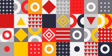 Köşede ve beyaz alanda renkli Memphis tarzı desenler. İş dünyası veya kurumsal sunum için modern geometrik arka plan. Vektör illüstrasyonu