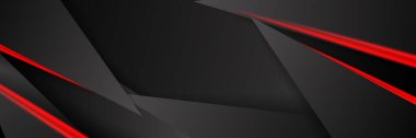 Siyah kırmızı soyut metalik karbon parlak renkli 3D arka planın modern teknoloji tasarımı. Üçgen şekilli kırmızı çizgi ışığı. Oyun ve sunum için vektör şablonu