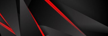 Siyah kırmızı soyut metalik karbon parlak renkli 3D arka planın modern teknoloji tasarımı. Üçgen şekilli kırmızı çizgi ışığı. Oyun ve sunum için vektör şablonu