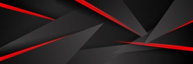 Siyah kırmızı soyut metalik karbon parlak renkli 3D arka planın modern teknoloji tasarımı. Üçgen şekilli kırmızı çizgi ışığı. Oyun ve sunum için vektör şablonu