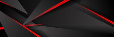 Siyah kırmızı soyut metalik karbon parlak renkli 3D arka planın modern teknoloji tasarımı. Üçgen şekilli kırmızı çizgi ışığı. Oyun ve sunum için vektör şablonu