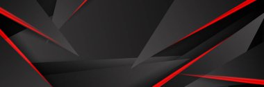 Siyah kırmızı soyut metalik karbon parlak renkli 3D arka planın modern teknoloji tasarımı. Üçgen şekilli kırmızı çizgi ışığı. Oyun ve sunum için vektör şablonu