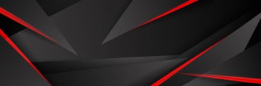 Siyah kırmızı soyut metalik karbon parlak renkli 3D arka planın modern teknoloji tasarımı. Üçgen şekilli kırmızı çizgi ışığı. Oyun ve sunum için vektör şablonu