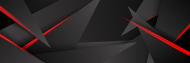 Siyah kırmızı soyut metalik karbon parlak renkli 3D arka planın modern teknoloji tasarımı. Üçgen şekilli kırmızı çizgi ışığı. Oyun ve sunum için vektör şablonu