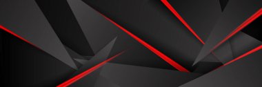 Siyah kırmızı soyut metalik karbon parlak renkli 3D arka planın modern teknoloji tasarımı. Üçgen şekilli kırmızı çizgi ışığı. Oyun ve sunum için vektör şablonu
