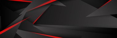 Siyah kırmızı soyut metalik karbon parlak renkli 3D arka planın modern teknoloji tasarımı. Üçgen şekilli kırmızı çizgi ışığı. Oyun ve sunum için vektör şablonu