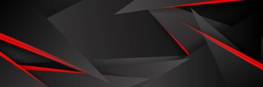 Siyah kırmızı soyut metalik karbon parlak renkli 3D arka planın modern teknoloji tasarımı. Üçgen şekilli kırmızı çizgi ışığı. Oyun ve sunum için vektör şablonu