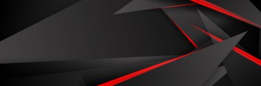 Siyah kırmızı soyut metalik karbon parlak renkli 3D arka planın modern teknoloji tasarımı. Üçgen şekilli kırmızı çizgi ışığı. Oyun ve sunum için vektör şablonu