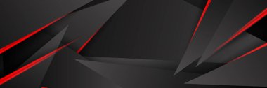 Siyah kırmızı soyut metalik karbon parlak renkli 3D arka planın modern teknoloji tasarımı. Üçgen şekilli kırmızı çizgi ışığı. Oyun ve sunum için vektör şablonu