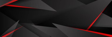Siyah kırmızı soyut metalik karbon parlak renkli 3D arka planın modern teknoloji tasarımı. Üçgen şekilli kırmızı çizgi ışığı. Oyun ve sunum için vektör şablonu