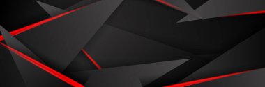 Siyah kırmızı soyut metalik karbon parlak renkli 3D arka planın modern teknoloji tasarımı. Üçgen şekilli kırmızı çizgi ışığı. Oyun ve sunum için vektör şablonu