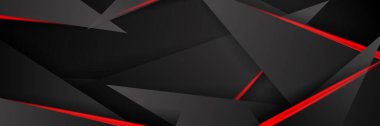 Siyah kırmızı soyut metalik karbon parlak renkli 3D arka planın modern teknoloji tasarımı. Üçgen şekilli kırmızı çizgi ışığı. Oyun ve sunum için vektör şablonu