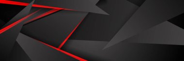 Siyah kırmızı soyut metalik karbon parlak renkli 3D arka planın modern teknoloji tasarımı. Üçgen şekilli kırmızı çizgi ışığı. Oyun ve sunum için vektör şablonu