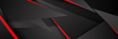 Siyah kırmızı soyut metalik karbon parlak renkli 3D arka planın modern teknoloji tasarımı. Üçgen şekilli kırmızı çizgi ışığı. Oyun ve sunum için vektör şablonu