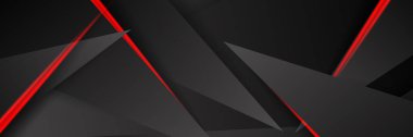 Siyah kırmızı soyut metalik karbon parlak renkli 3D arka planın modern teknoloji tasarımı. Üçgen şekilli kırmızı çizgi ışığı. Oyun ve sunum için vektör şablonu