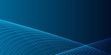 Koyu mavi arkaplanda mavi bir neon dalgası. Işık efektli ve yıldız tozu izli parıldayan dalgalar. Ağ ve yazdırma için mavi dalgalı tasarım