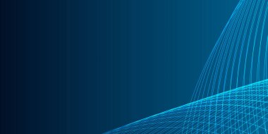 Koyu mavi arkaplanda mavi bir neon dalgası. Işık efektli ve yıldız tozu izli parıldayan dalgalar. Ağ ve yazdırma için mavi dalgalı tasarım