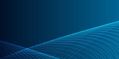 Koyu mavi arkaplanda mavi bir neon dalgası. Işık efektli ve yıldız tozu izli parıldayan dalgalar. Ağ ve yazdırma için mavi dalgalı tasarım