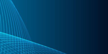 Koyu mavi arkaplanda mavi bir neon dalgası. Işık efektli ve yıldız tozu izli parıldayan dalgalar. Ağ ve yazdırma için mavi dalgalı tasarım