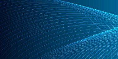 Koyu mavi arkaplanda mavi bir neon dalgası. Işık efektli ve yıldız tozu izli parıldayan dalgalar. Ağ ve yazdırma için mavi dalgalı tasarım