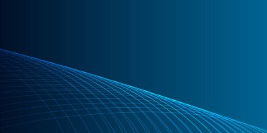 Koyu mavi arkaplanda mavi bir neon dalgası. Işık efektli ve yıldız tozu izli parıldayan dalgalar. Ağ ve yazdırma için mavi dalgalı tasarım