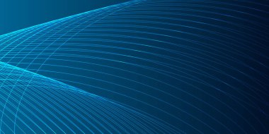 Koyu mavi arkaplanda mavi bir neon dalgası. Işık efektli ve yıldız tozu izli parıldayan dalgalar. Ağ ve yazdırma için mavi dalgalı tasarım
