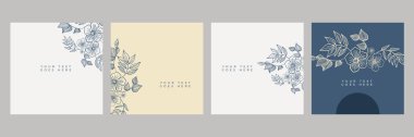Çiçek arkaplan. Fotokopi alanı, çiçekler ve yapraklarla basit modern tarzda vektör tasarım şablonları - düğün davetiyesi arka planı, moda, güzellik çerçeveleri, sosyal medya duvar kağıtları, tebrik kartı