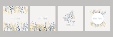 Moda çiçekli altın ve beyaz arka plan tasarım şablonları. Poster, kart, kapak, afiş, afiş, broşür için iyi. Doğum günü davetiyeleri, menü ve bebek partisi için evrensel el çizimi şablonlar
