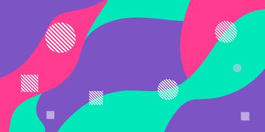 Memphis soyut arka planı, yeşil mor toska pembe. Memphis tarzı bir geçmişi var. Sunum, afiş, kapak, web, kart, poster, duvar kağıdı için vektör illüstrasyon tasarımı