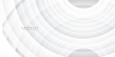 Soyut beyaz arkaplan, üç boyutlu daire şeklinde. Vektör çizimi. Beyaz ve gümüş açık gri ve siyah renktedir. Eğim ise şablon metal desenli yumuşak çizgileri olan yüzeydir.