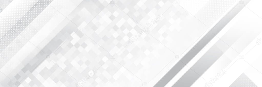 Technology banner design with white and grey squares. Abstract geometric vector background
