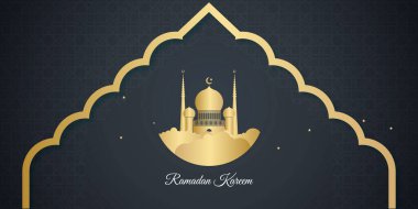 Fotokopi alanı olan altın rengi siyah sunum arka planı. Camili ve aylı vektör illüstrasyonu, metin tebrik kartı ve afiş için yer. Modern mavi toska beyaz trend ramazan