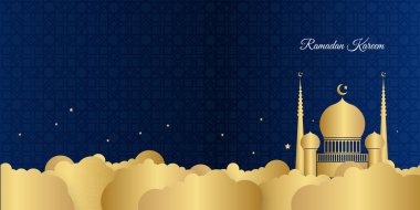 Ramazan Kareem afişi tebrik kartı şablonu tasarımı. Mavi altın renginde, ay, bulut, yıldız ve cami dekorasyonlu vektör çizimi. Lüks İslami arkaplan