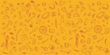 Beyaz üzerine fast food karalamaları. Vektör çizimi. Menü ya da yemek paketi tasarımı için mükemmel. Gıda ana hatları balık, et, sebze, yumurta, yağ, fındık, böğürtlen