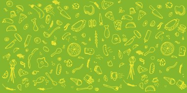 Beyaz üzerine fast food karalamaları. Vektör çizimi. Menü ya da yemek paketi tasarımı için mükemmel. Gıda ana hatları balık, et, sebze, yumurta, yağ, fındık, böğürtlen