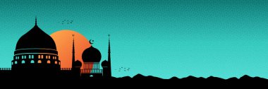 Soyut dini bayram Mübarek festivali arka planında silüet cami vektör tasarımı var. Hac, Umrah, Ramazan bayrağı ve daha fazlası için kullanılabilir.