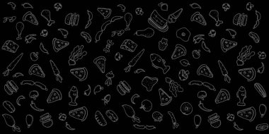 Gıda soyut bir arkaplan çizer. Menü veya yemek paketi tasarımı, afiş, sunum tasarımı, poster ve el ilanı için vektör illüstrasyonu. Sağlıklı gıda malzemeleri seti. El çizimi çizimler