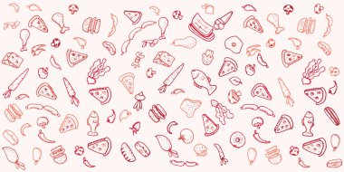 Gıda soyut bir arkaplan çizer. Menü veya yemek paketi tasarımı, afiş, sunum tasarımı, poster ve el ilanı için vektör illüstrasyonu. Sağlıklı gıda malzemeleri seti. El çizimi çizimler