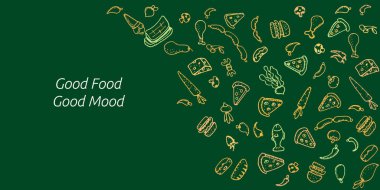 Gıda soyut bir arkaplan çizer. Menü veya yemek paketi tasarımı, afiş, sunum tasarımı, poster ve el ilanı için vektör illüstrasyonu. Sağlıklı gıda malzemeleri seti. El çizimi çizimler